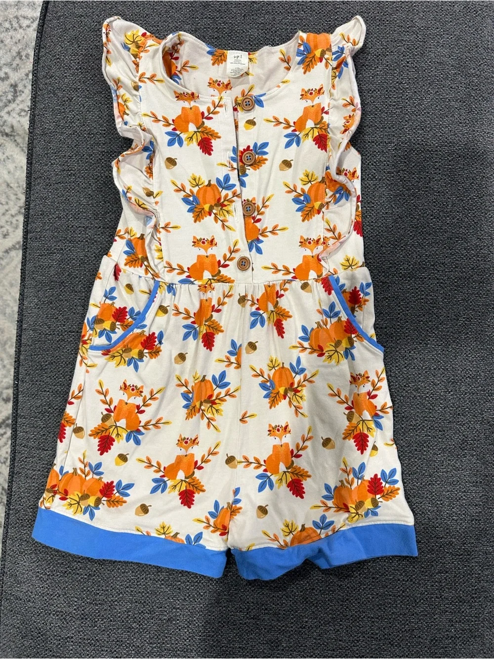Eleanor Rose Cream Romper with Orange Fox & Blue Trim